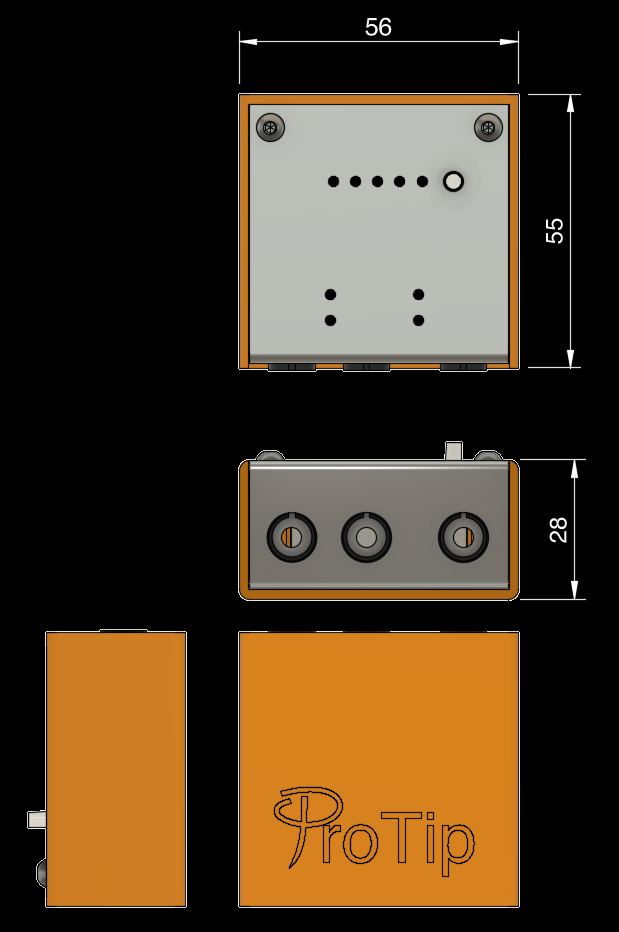 CAD drawing of the enclosure showing dimensions (55 x 56 x 28mm)